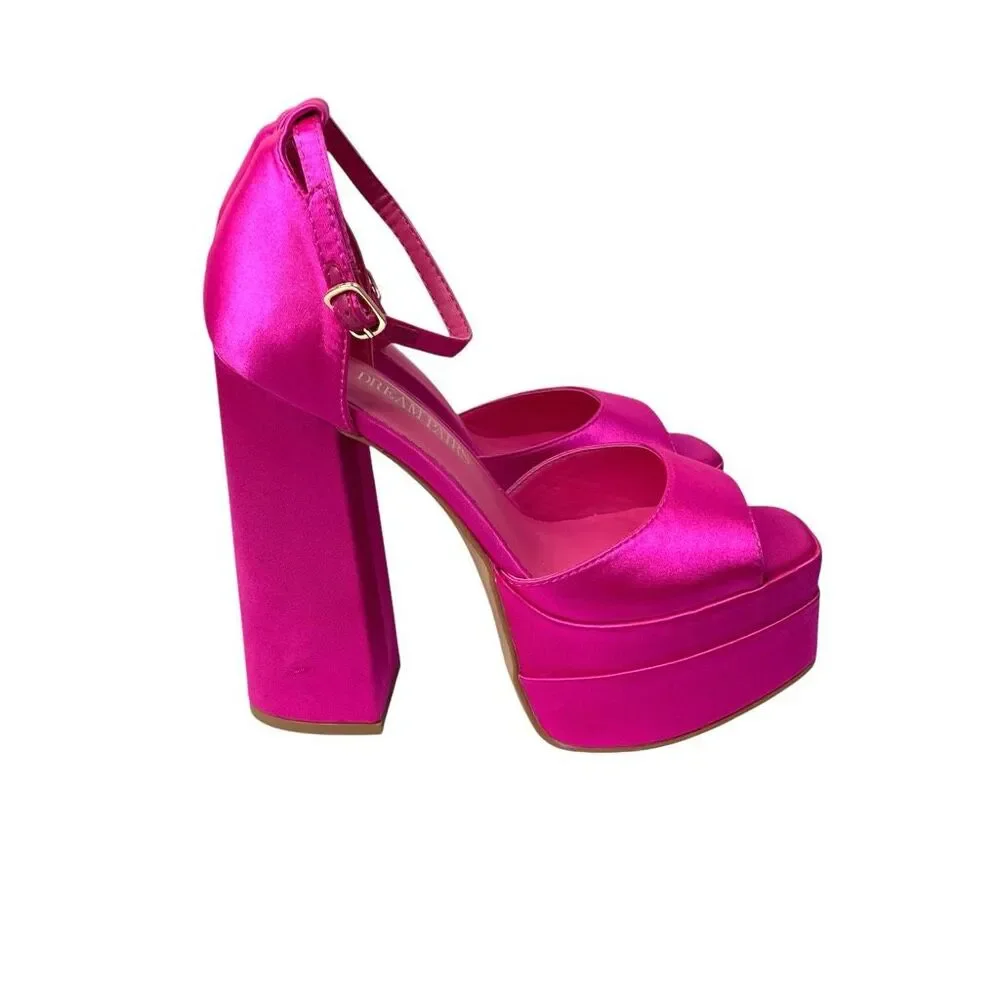 NEW Dream Pairs satin chunky platform heels pumps Size 6 fuchsia hot pink barbie